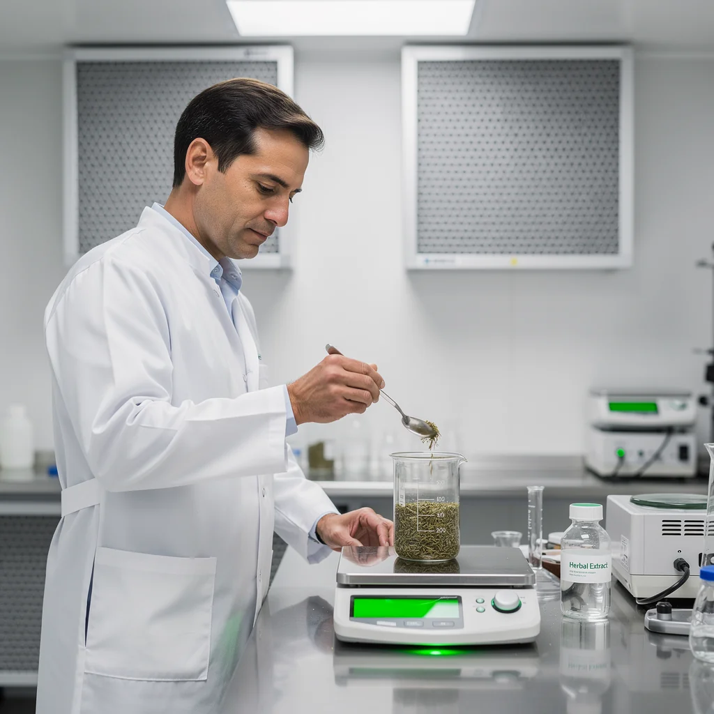 Raw white supplement powder being tested in a bright, modern quality-control laboratory