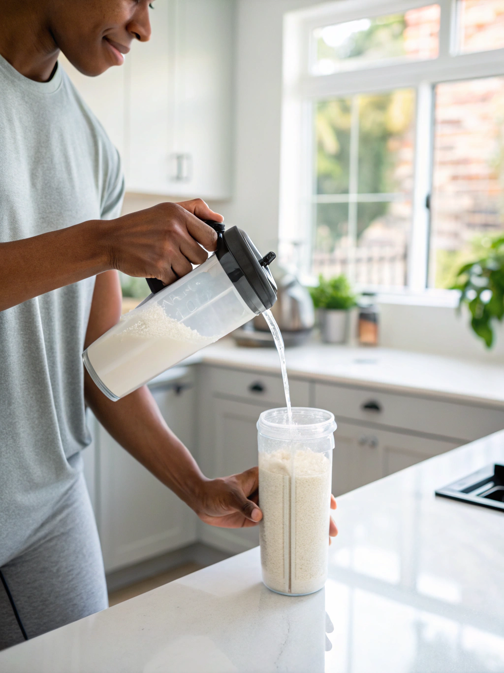 RISEGEN brand world showing an athlete preparing supplements in a clean daylight studio